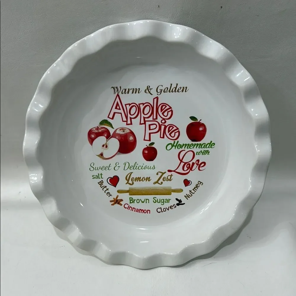 Apple Pie Ceramic Pie Dish 10 X 1 1/2 Inches Warm Golden White Red Fruit